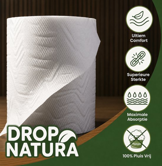 Een rol wit wc-papier met een reliëfpatroon, met iconen voor comfort, sterkte en absorptie.