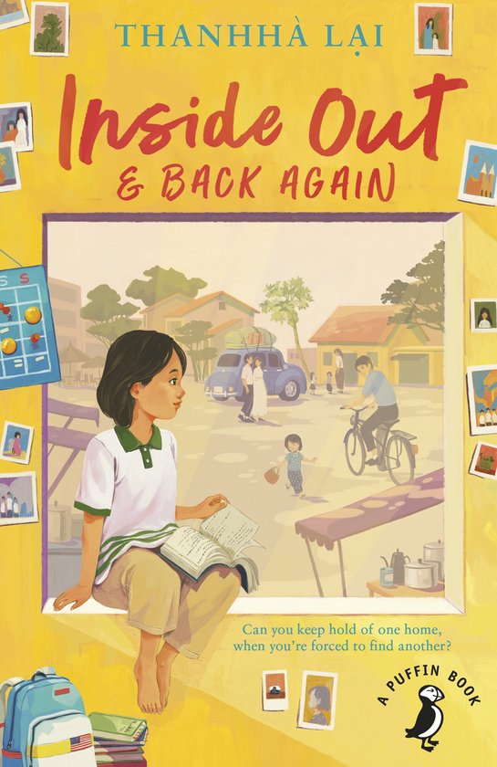 Boekomslag van 'Inside Out & Back Again' met een meisje dat een boek vasthoudt, kijkend naar een straatscène met mensen.