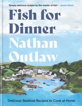 Livre 'Fish for Dinner' de Nathan Outlaw, avec une illustration d'un village portuaire, de bateaux et de paysage. Avec le texte 'Simply delicious recipes by the master of fish' - Jamie Oliver.