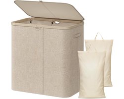 Wasmand met Deksel - Beige - Grote Capaciteit van 145L - Met 2 Uitneembare Zakken - Voor Badkamer en Slaapkamer