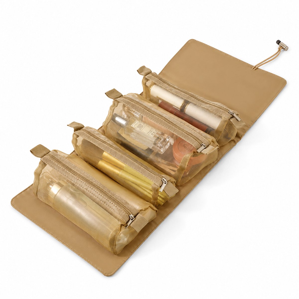 4-in-1 Make-up Tas - Afneembare Reis Organizer - Transparante Vakken - Toilettas voor Cosmetica - Mesh Opbergtas - Khaki