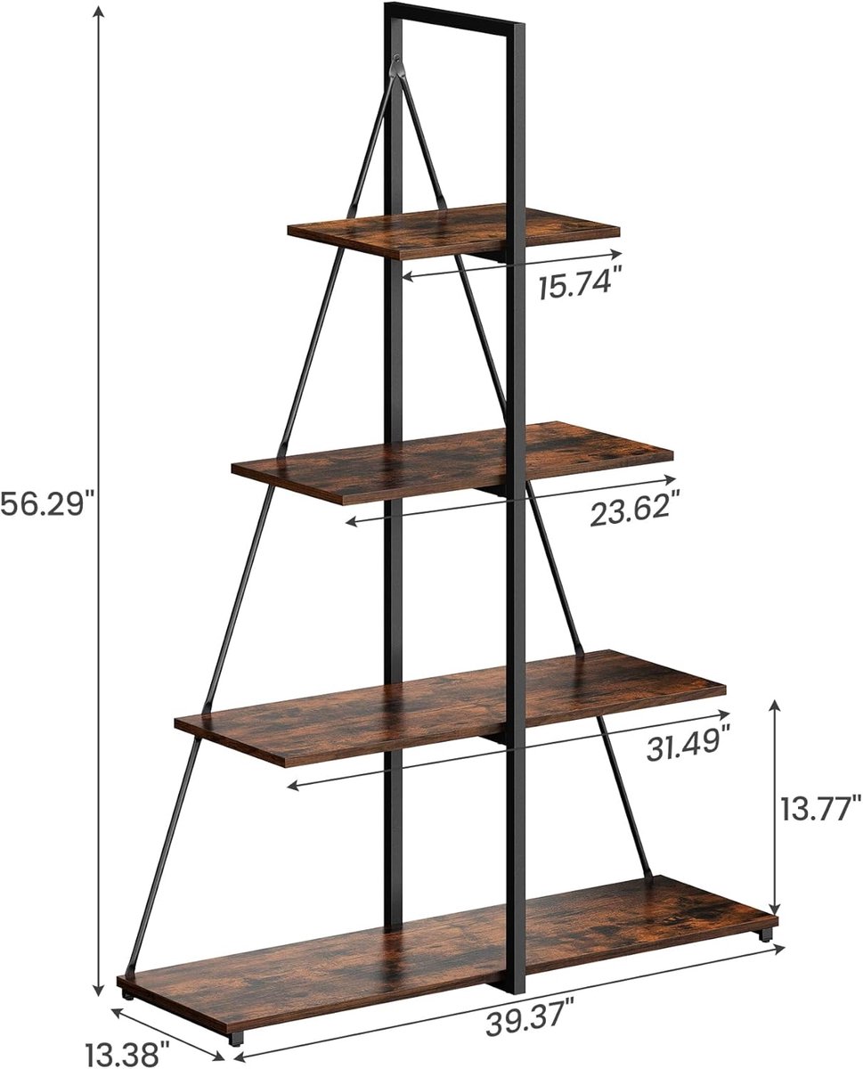 Moderne boekenkast - 4-laags A-frame hoekboekenkast voor thuis of op kantoor - Stevige display- en opbergplank voor boeken- planten en decoratie - Zwart ijzeren frame en vintage