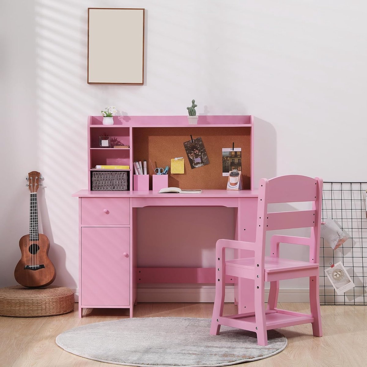 Kinderbureau met stoel - Houten werkplek - Leren en creëren - Veel opbergruimte - 96 x 46 x 105 cm