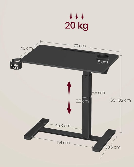 Verrijdbare Tafel - Bijzettafel Bureau - Flexibel Werken - In Hoogte Verstelbaar - 70 x 40 cm - Zwart — afbeelding 4