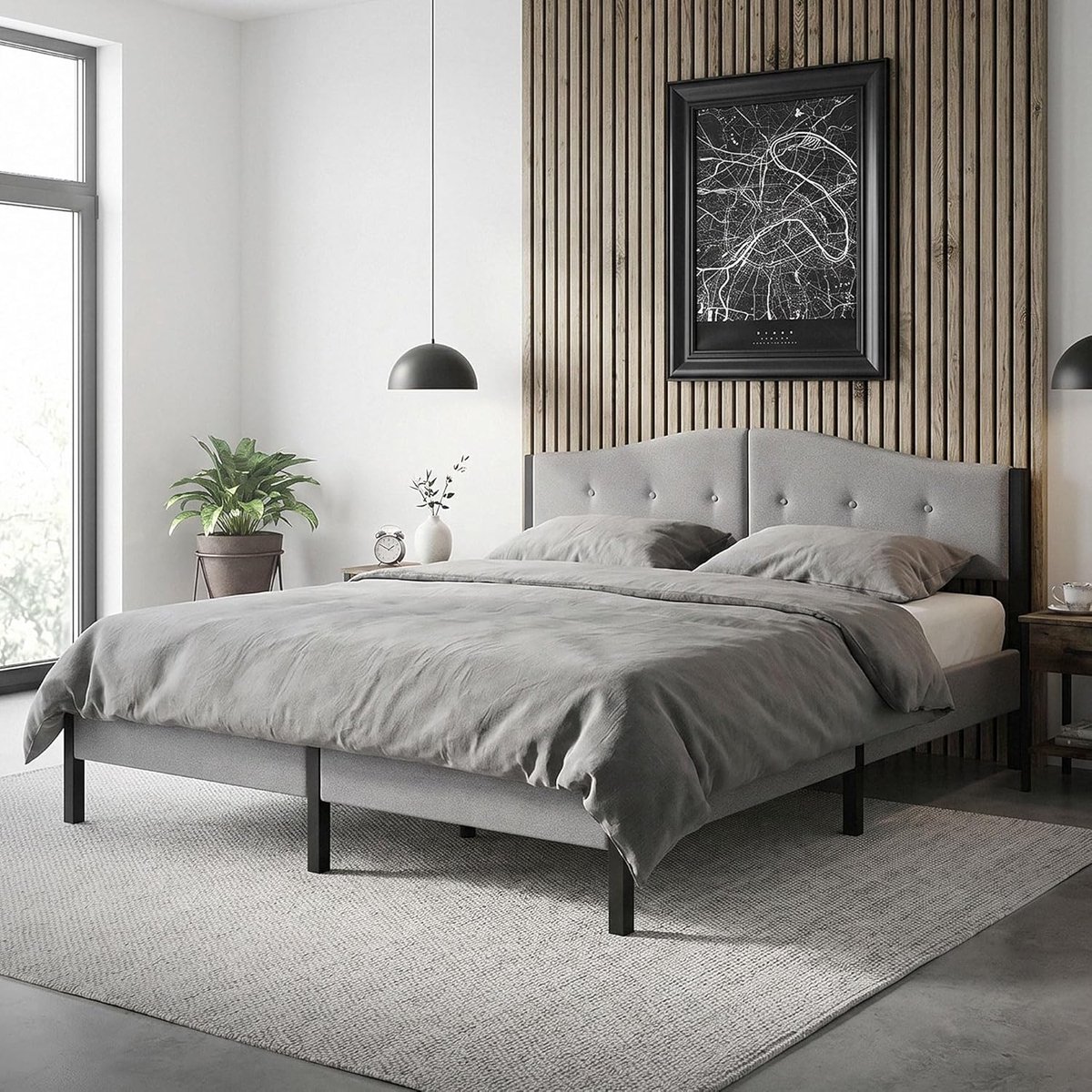Gestoffeerd Bed - Tweepersoonsbed Modern - Slaapkamer Inrichting - Stabiel Stalen Frame - 180x200 cm - Grijs