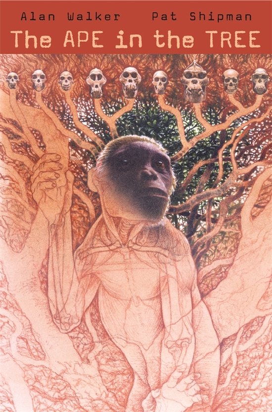 Boekomslag met de titel "The Ape in the Tree", met een schematische tekening van een mensachtig figuur en schedels in een boom.
