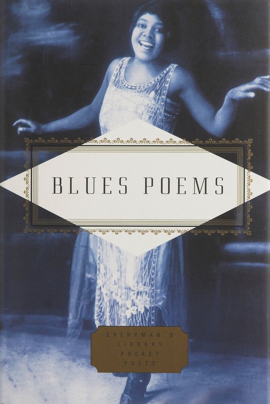 Een vrouw met een jurk met franjes, met de tekst 'BLUES POEMS'