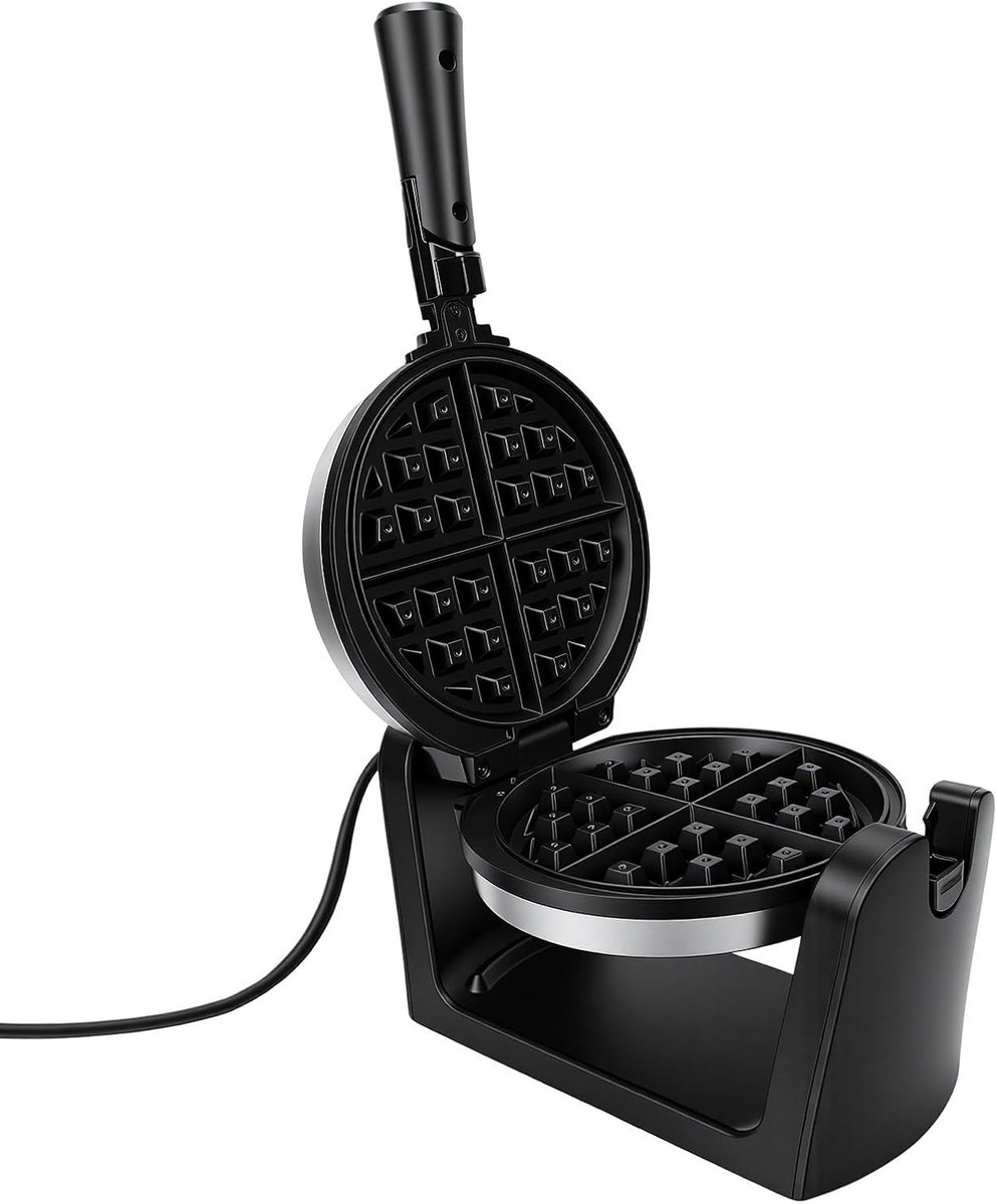 Roterend Wafelijzer - Wafelmaker Pannenkoekenijzer - Ontbijt Maken - Keramische Antiaanbaklaag - 372D x 268B x 167H cm - Zwart
