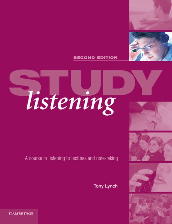 Paarse boekomslag getiteld 'Study Listening', tweede editie, met foto's van studenten die luisteren en notities maken.