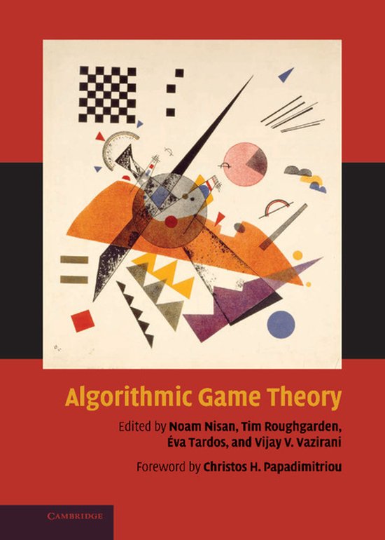 Boek "Algorithmic Game Theory" met abstracte geometrische kunst in oranje, paars, blauw en geel.