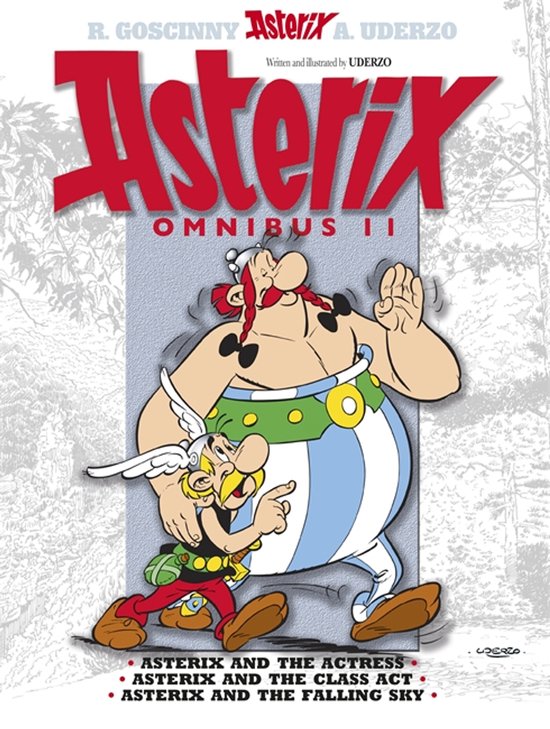 Asterix Omnibus II, geschreven en geïllustreerd door Uderzo. Een dikke, gespierde Asterix en een kleine, slanke Obelix.