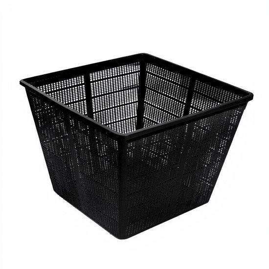 Een vierkante, zwarte kunststof plantenmand van 35x35x26 cm met een fijnmazige structuur voor vijverplanten.