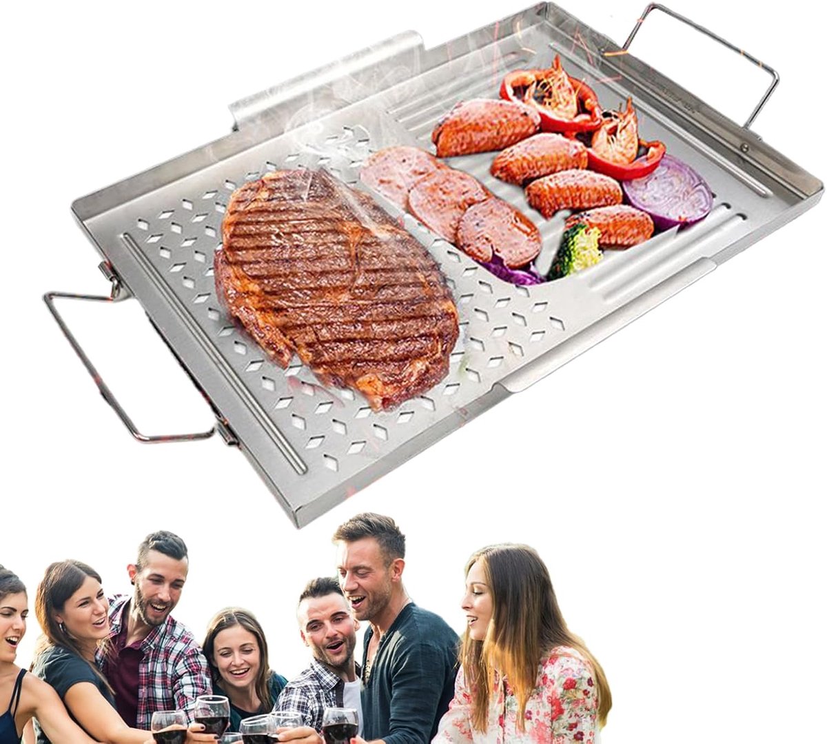 Roestvrijstalen Grillplaat - Platte Bakplaat - Buiten Koken - Hittebestendige Handgrepen - 43x29x2cm