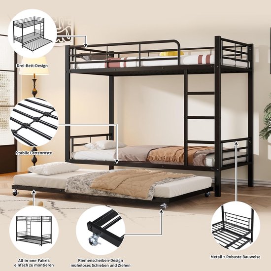 Zravenna Metal loft bed for 3 children, 90 x 200 cm and 90 x 190 cm, three bunk beds with pull-out bed, fall protection, children's bed with ladder, iron bed, white, black — afbeelding 5