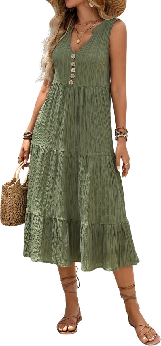 Currero Zomerjurk Dames Zomerjurken Volwassenen Vrouwen Midi Jurk Ibiza Stijl Sundress Dress Varengroen L
