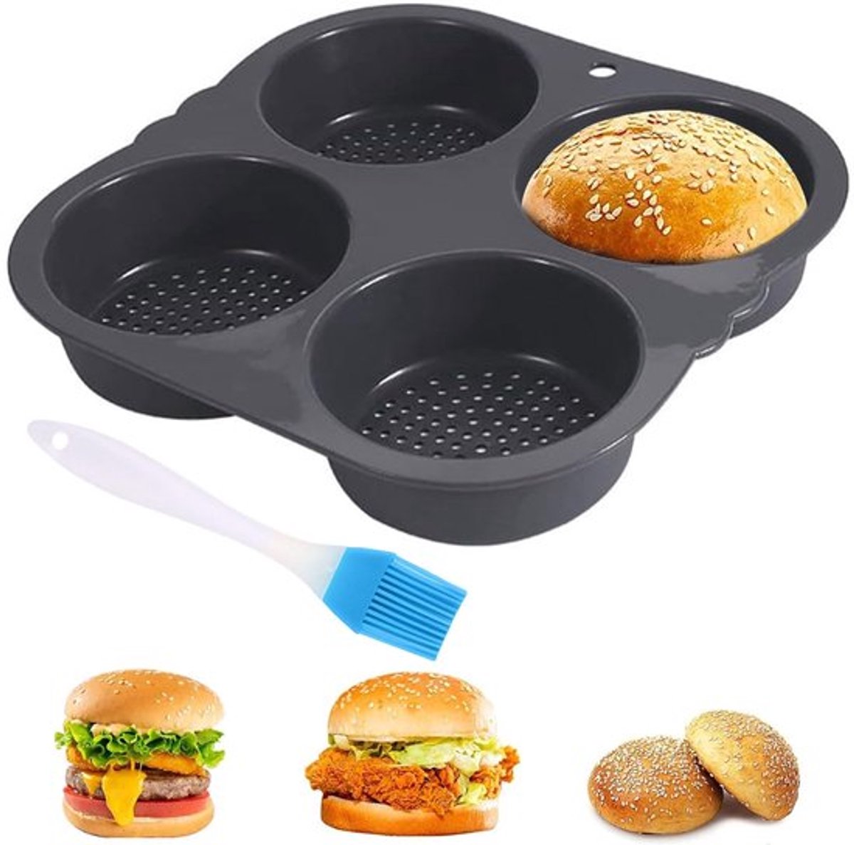Allecto - Hamburgerbroodjesvorm - Siliconen bakplaat - Antiaanbaklaag - Zwart
