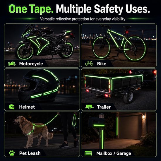 Collage die reflecterende tape toont op een motor, fiets, helm, trailer, hondenriem en brievenbus.