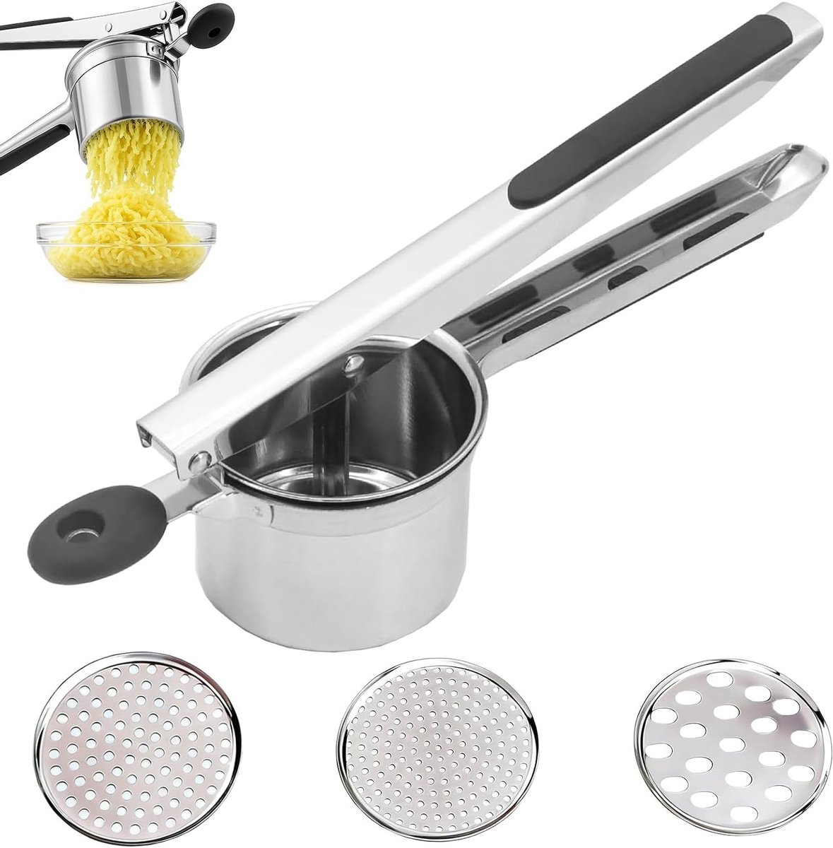 Duurzame aardappelpers met 3 verwisselbare schijven voor perfecte aardappelpuree en spätzle, roestvrij staal en eenvoudig in gebruik
