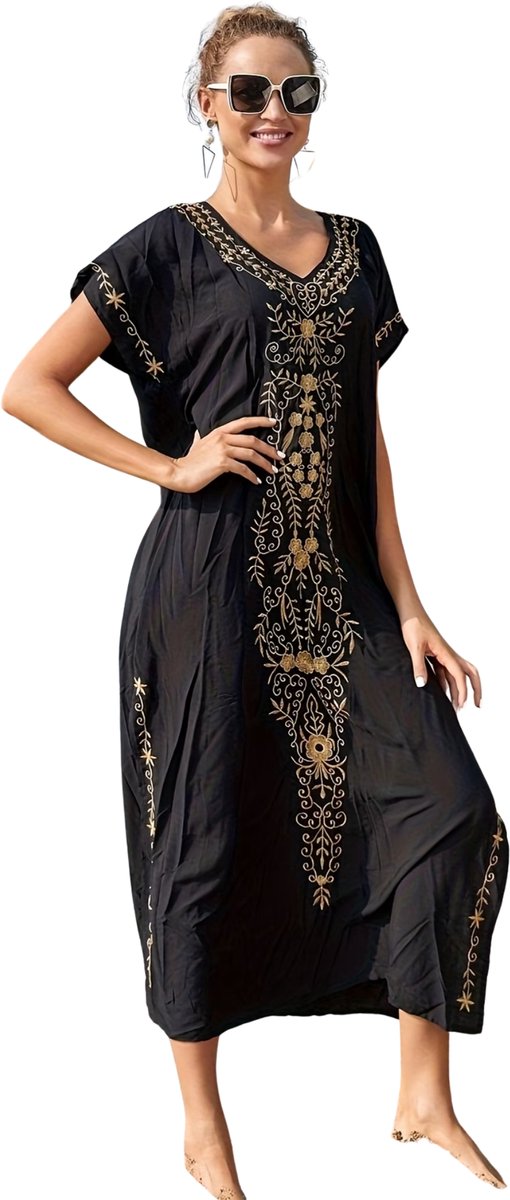 Currero Zomerjurk Dames Zomerjurken Volwassenen Vrouwen Midi Jurk Ibiza Stijl Sundress Dress Zwarte Abrikozenpatroon