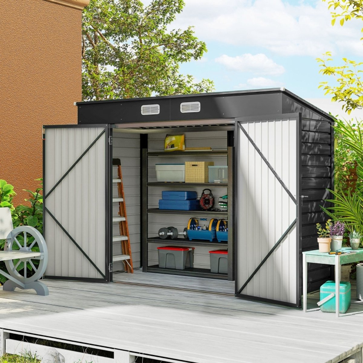Tuinhuis Metaal, Metalen Schuurtje, Tuinberging Metaal, Gereedschapshok, Buitenopslag Schuur, Stalen Tuinschuur, Gereedschapsschuur, Dubbele Deuren, 249B X 121D X 166/183H Cm, Grijs