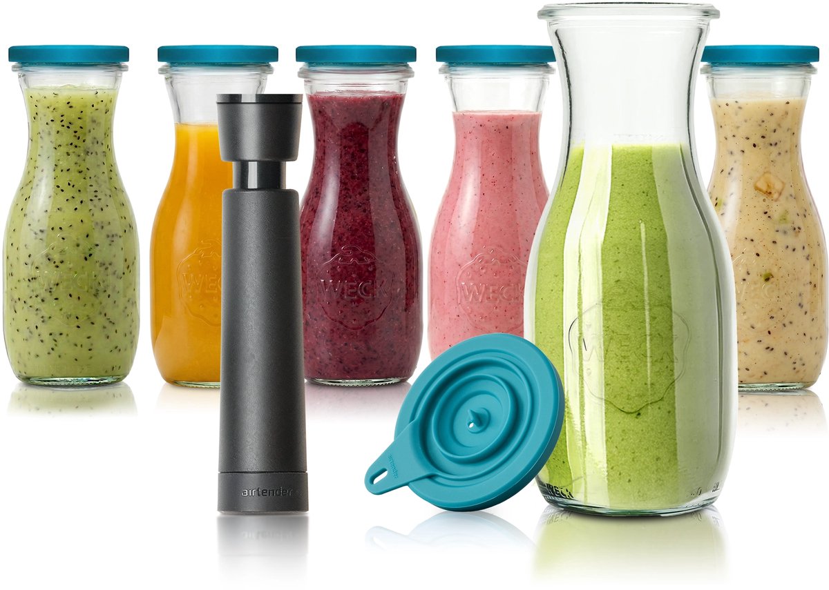 Airtender Smoothie Saver (6st.) | 6x Vacuüm karaf van glas (500ml) | 6x Vacuümdeksel + GRATIS -pomp | 100% Plasticvrij | Smoothies, juices en shakes tot 5x langer vers, kleurrijk en vitaminerijk | Maak smoothies voor de hele week! | + To-Go Clip
