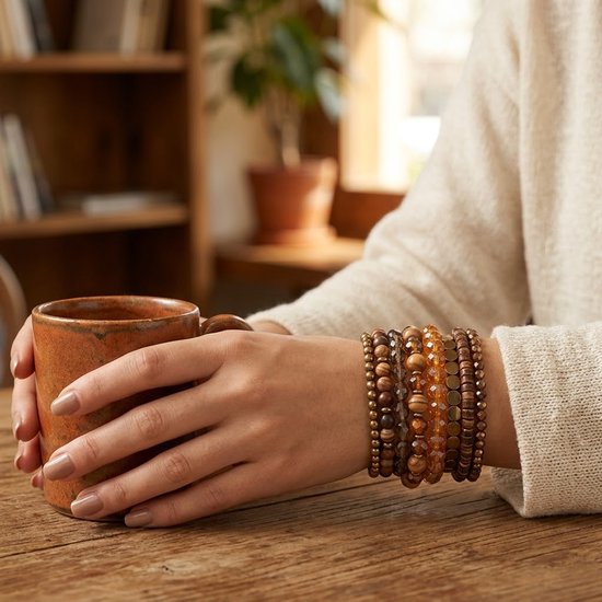 Een vrouw houdt een mok vast, met op haar pols een set van 18 bruine, beige en goudkleurige armbanden.