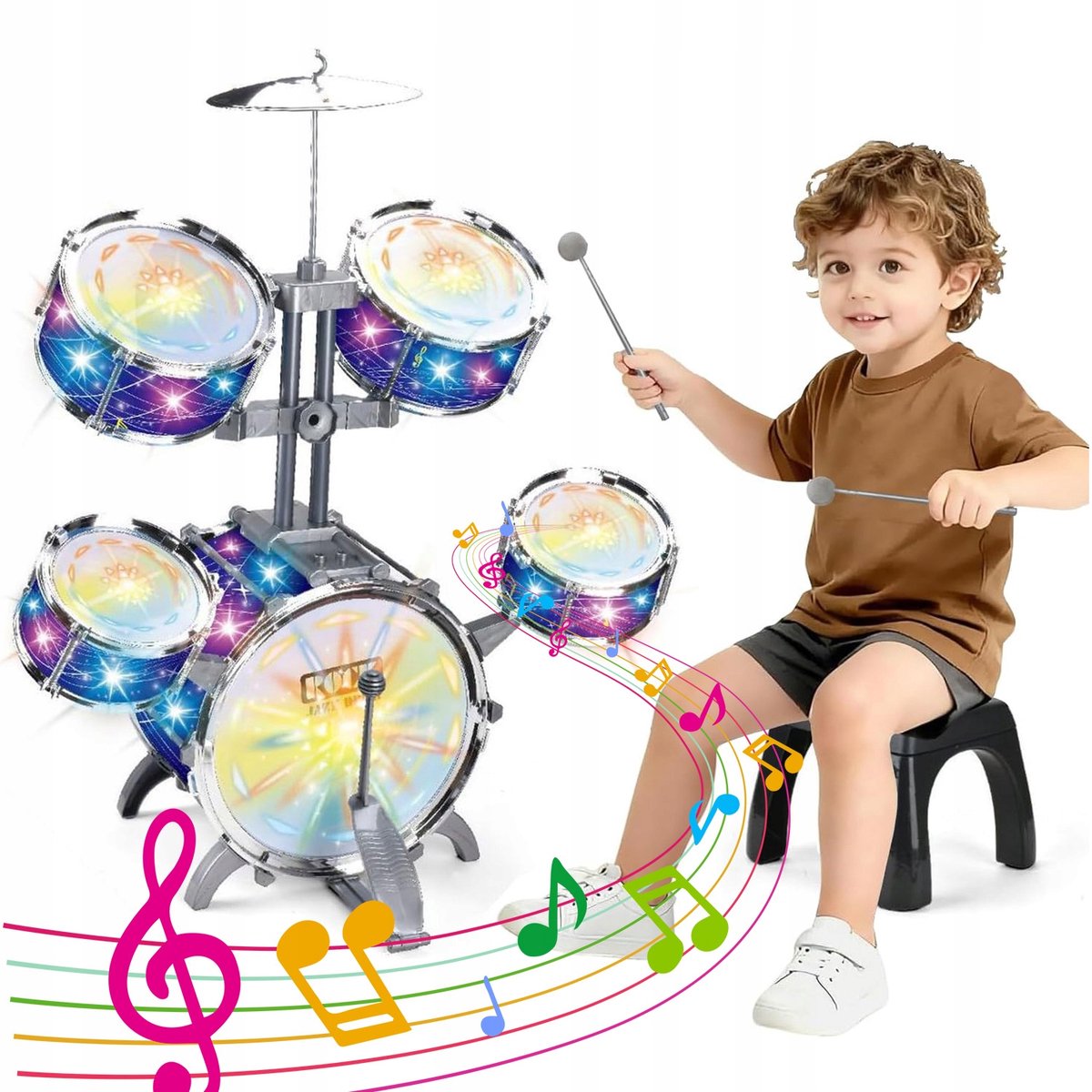 Muzikale drumset voor kinderen - Lichtgevend Kindertrommel Set - Muziekspeelgoed - Galaxy Design & 5 Kleur Lichten - Ingebouwde Batterijen - Ergonomische Hoek & Inclusief Bekkens - Voor Thuis, Leren & Optredens