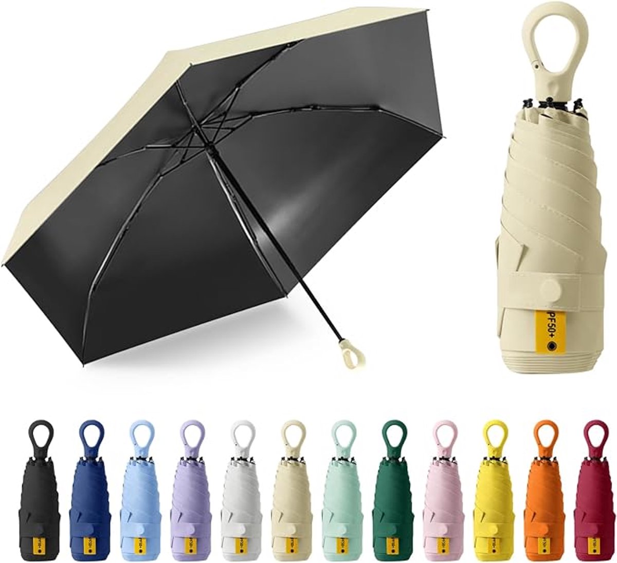Zonneparaplu, zakparaplu, UPF50+, mini-paraplu met 6 baleinen, ringhandvat met opbergdoosje, geschikt voor zonnige en regenachtige dagen - kaki