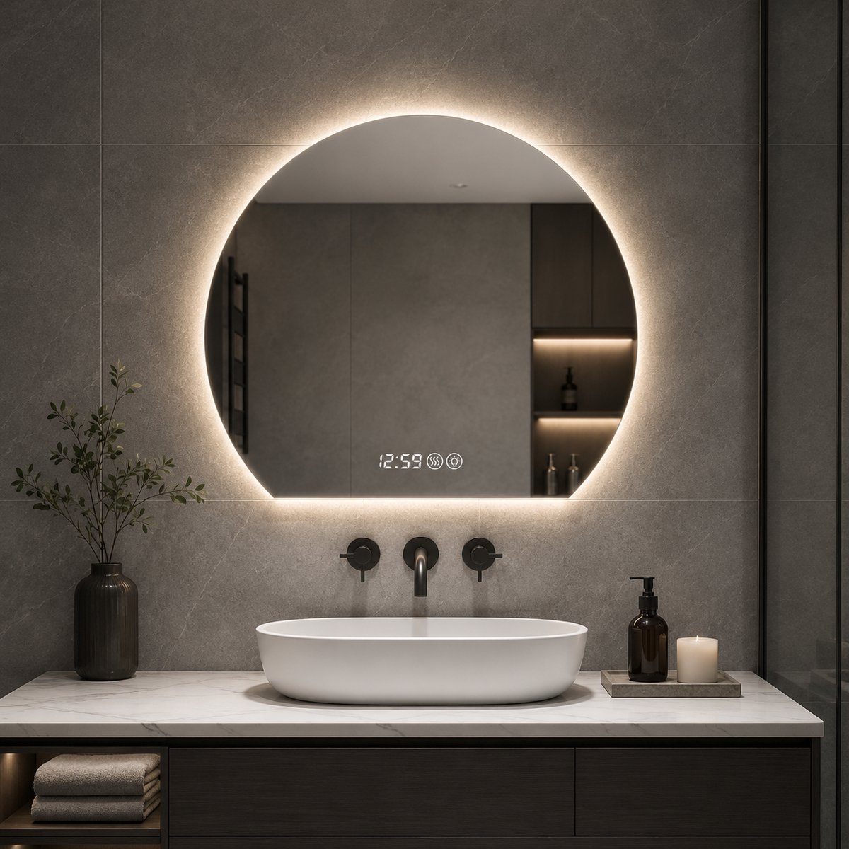 MIVRAY Badkamerspiegel – Ronde LED Verlichting 80 cm – Glas en Metaal – Zilver – Anti Condens en Dimbaar