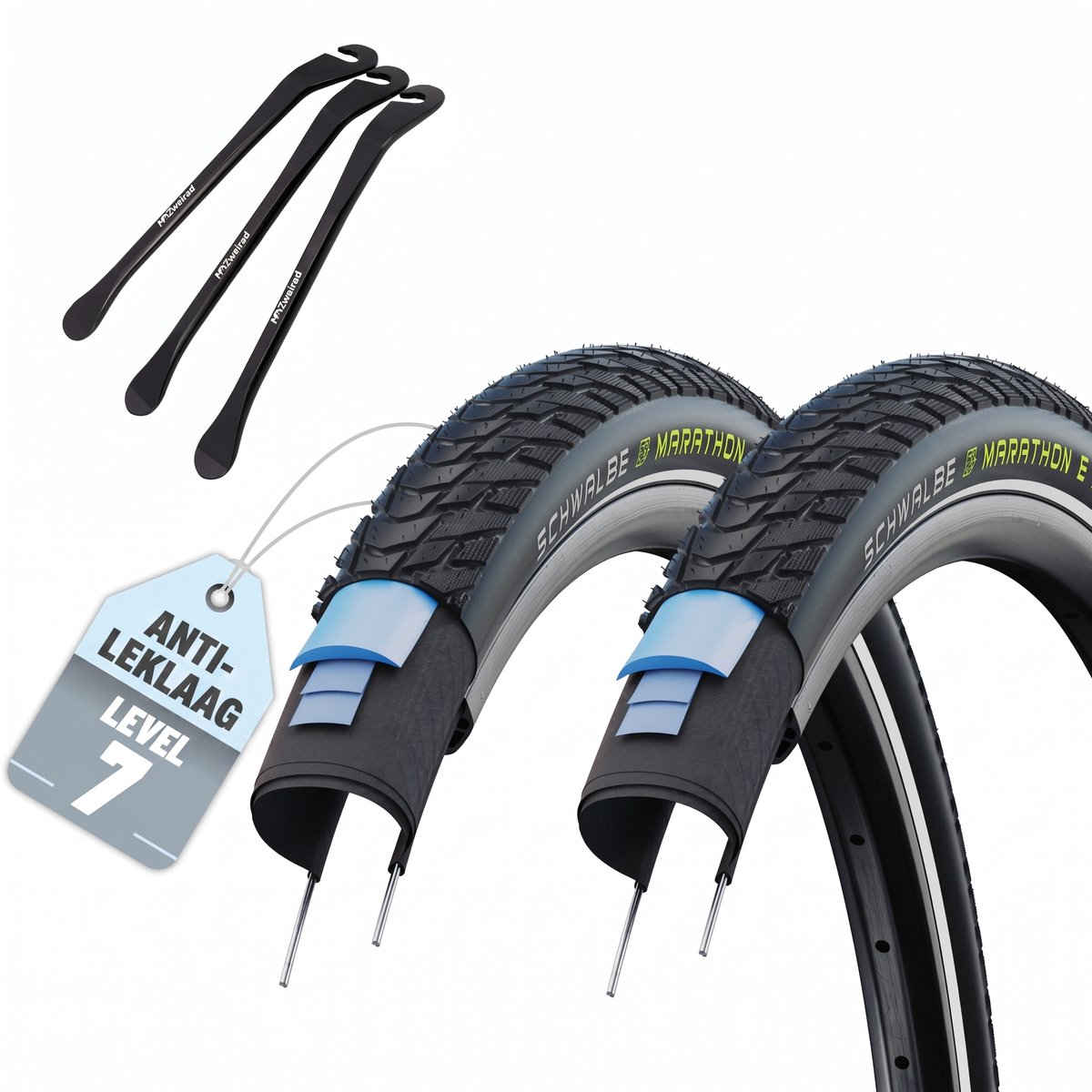 2x Schwalbe Marathon E-Plus fietsband 27,5 x 2.00 zwart reflex 50-584 + 3 MSZweirad bandenlichters
