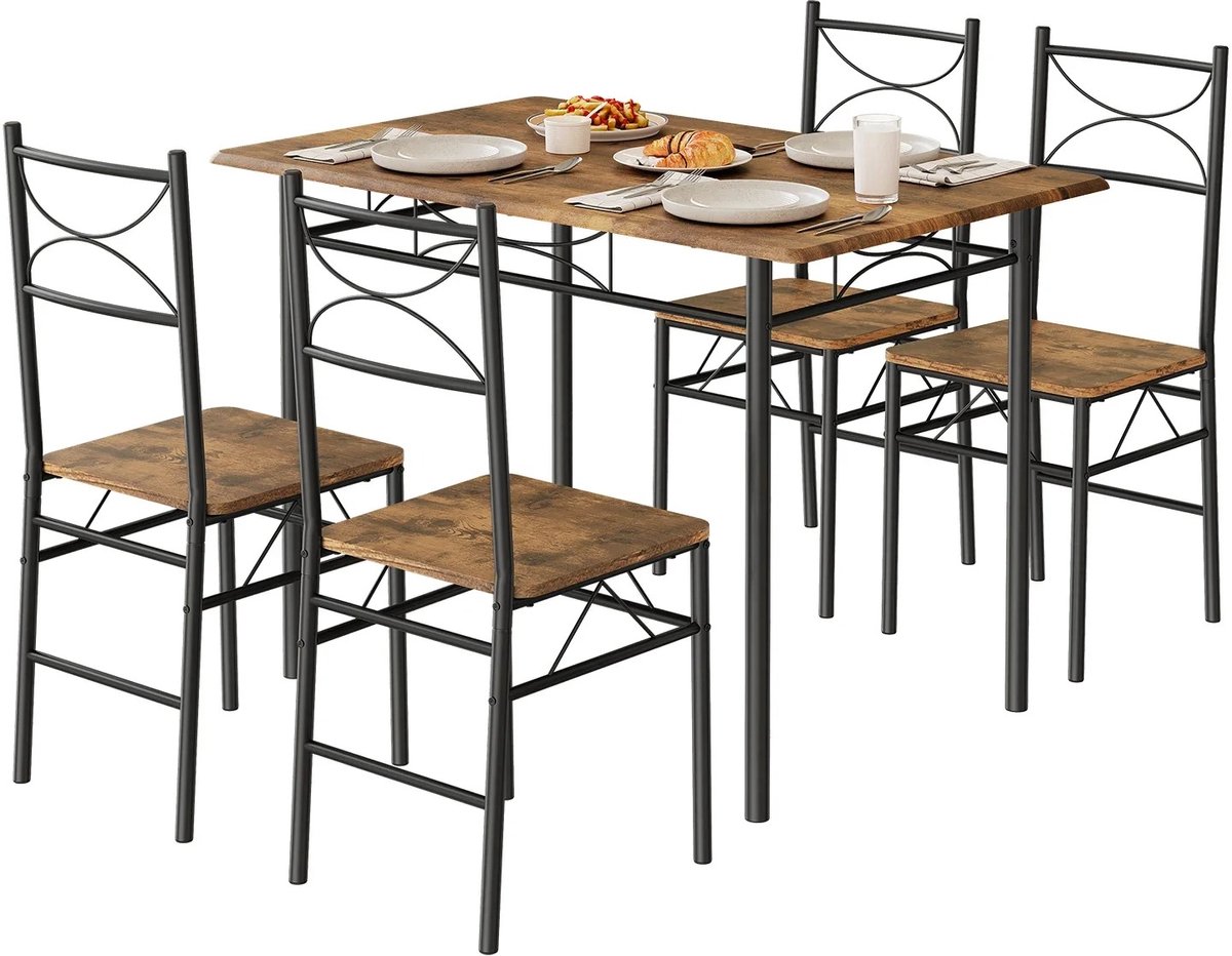 Home & Beyond® Eettafel met 4 Stoelen - Industriële Eethoek - Keukentafel Set 110x76 cm - MDF Houtlook & Metalen Frame - Bruin/Zwart