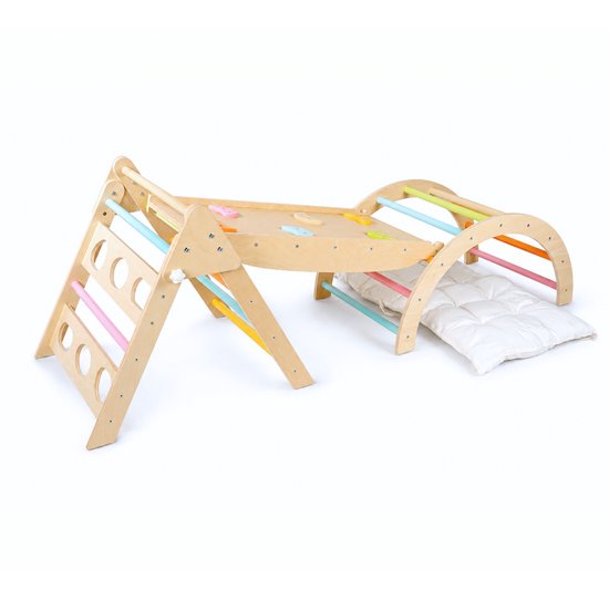 Dastium Kids - Mini Klimrek - Houten Klimrek - Klimboog met Kussen - Klimrek Voor Baby en Peuter - Klimrek met Glijbaan - Montessori Speelgoed - Pastelkleuren