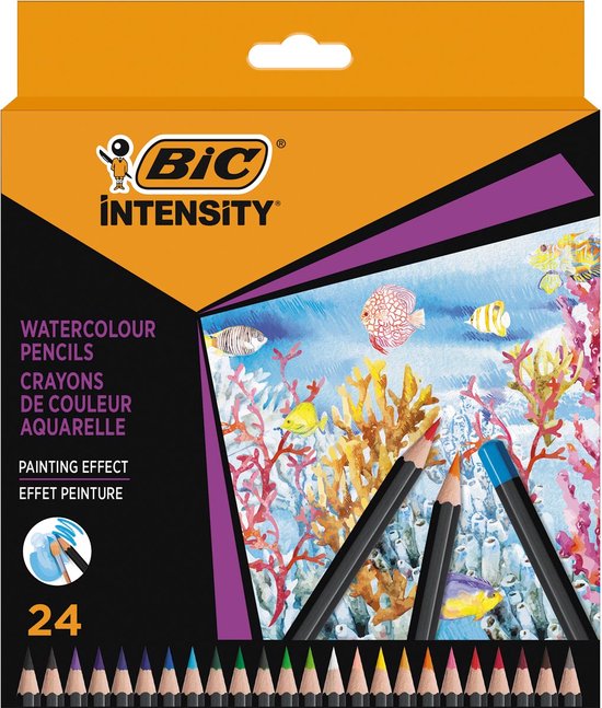 Verpakking van 24 BIC Intensity aquarelpotloden met een afbeelding van onderwaterleven.