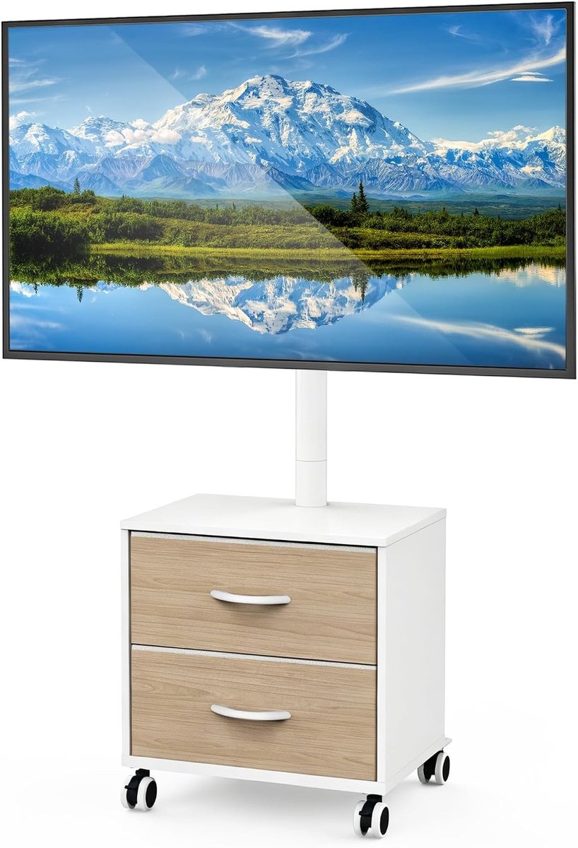 Tv-standaard op Wielen - Wit - Hoogte Verstelbaar - Draaibaar - Voor 32-60 Inch TV's