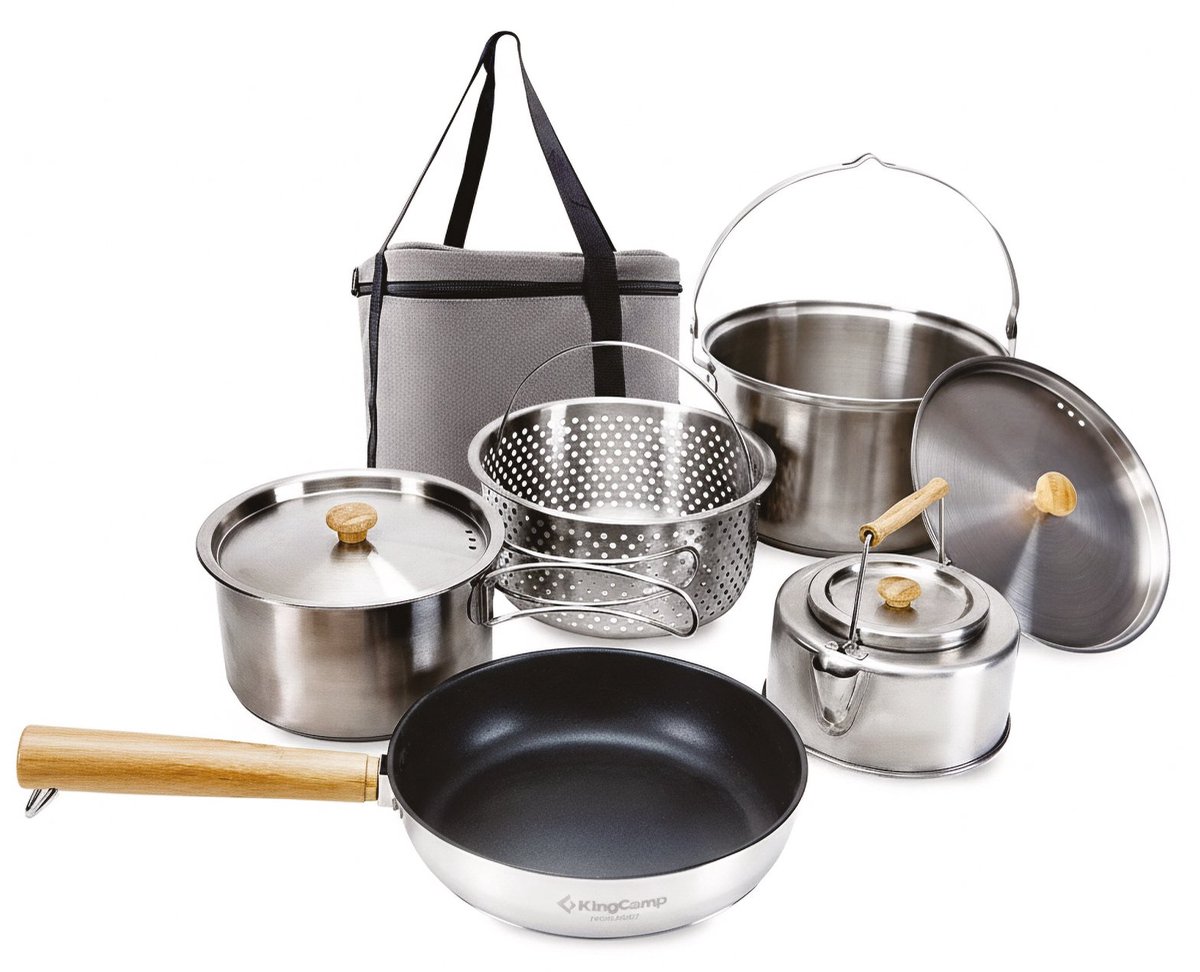 Camping-kookset Basecamp II Outdoor - Set met pan, koekenpan en theepot van roestvrij staal