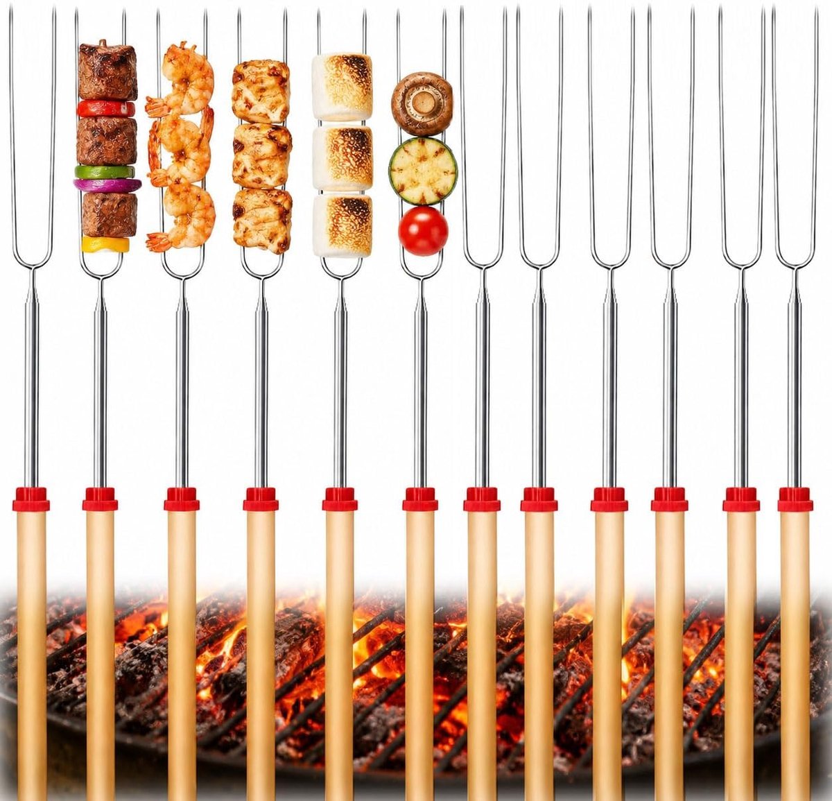 KZQ Set van 12 BBQ-spiesjes - Uitschuifbaar - Marshmallowspiesjes - 31-81 cm - Kampvuurspiesjes - met hittebestendig handvat - Uitschuifbaar - Geschikt voor kampvuren, barbecues, het roosteren van brood, stokbroden, enz.
