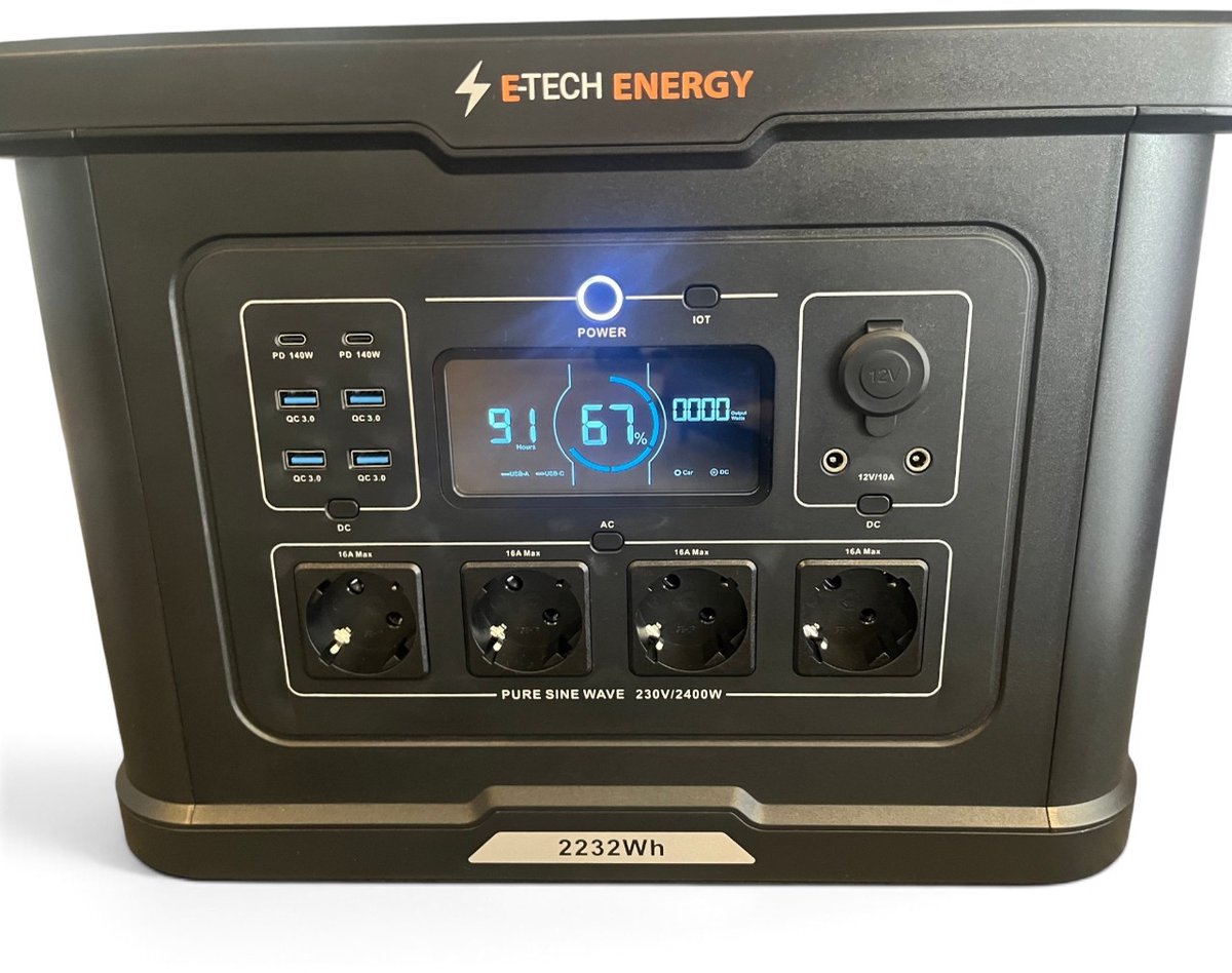 E-TECH ENERGY S024-2400W - Powerstation 2400W – 2232Wh LiFePO4 – 4500W piek – draagbare UPS noodstroomvoorziening – Solar – USB-C 140W