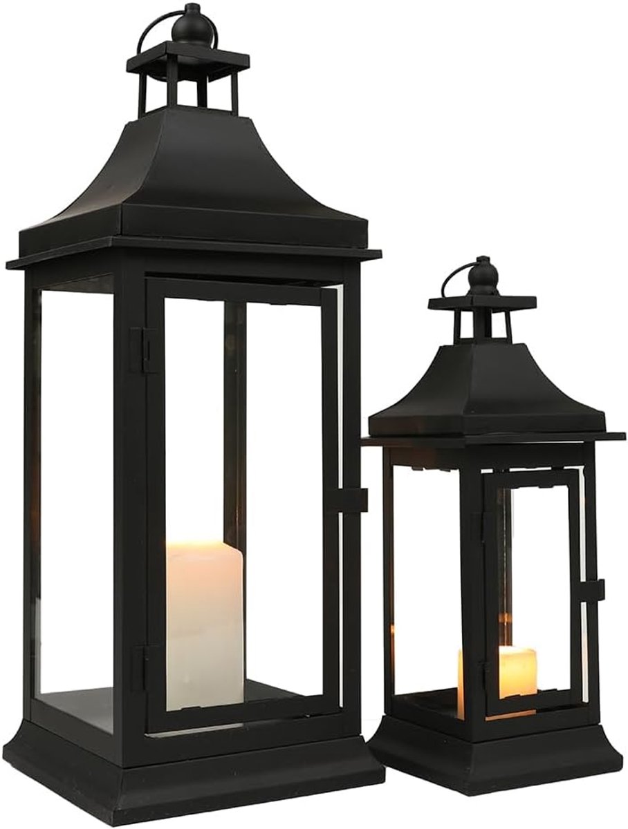 CINK & Co Kaarslantaarns Set van 2 - Staand en Ophangbaar - Metaal en Gehard Glas - Zwart - 33 en 49,5 cm
