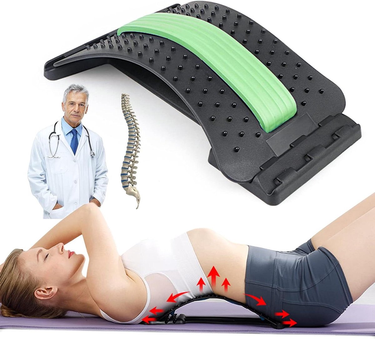Ruggen stretcher - Rugmassage Rugtrainer - Rugpijn verlichten - 88 massage noppen - 38 x 25 x 3 cm - Groen