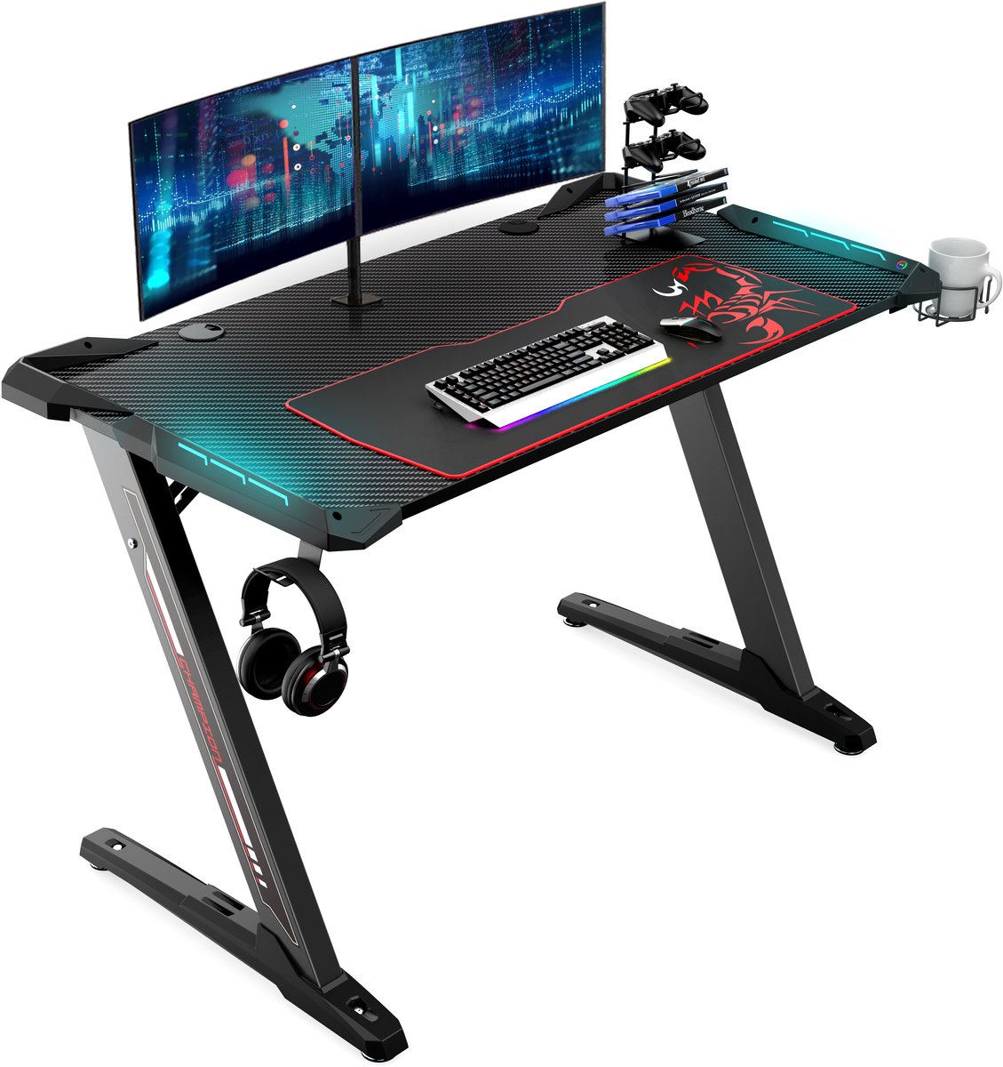 LAPAMAX bureau voor alle volwassenen - gamingbureau met RGB-led via USB voor pc - Z-vormig onderstel van staal - werkblad 113,5 x 61,5 cm - kabeldoorvoeren, bekerhouder, koptelefoonhaak, controllerhouder en groot muismat in zwart