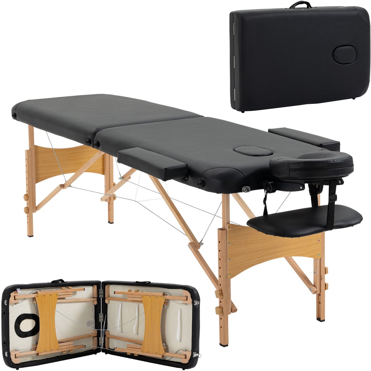Massagetafel — Twee zones — Opvouwbare, draagbare massagetafel — Met 5 cm dikke vulling — In hoogte verstelbaar — Verplaatsbare massagetafel met houten poten en accessoires — Inclusief opbergtas — Zwart