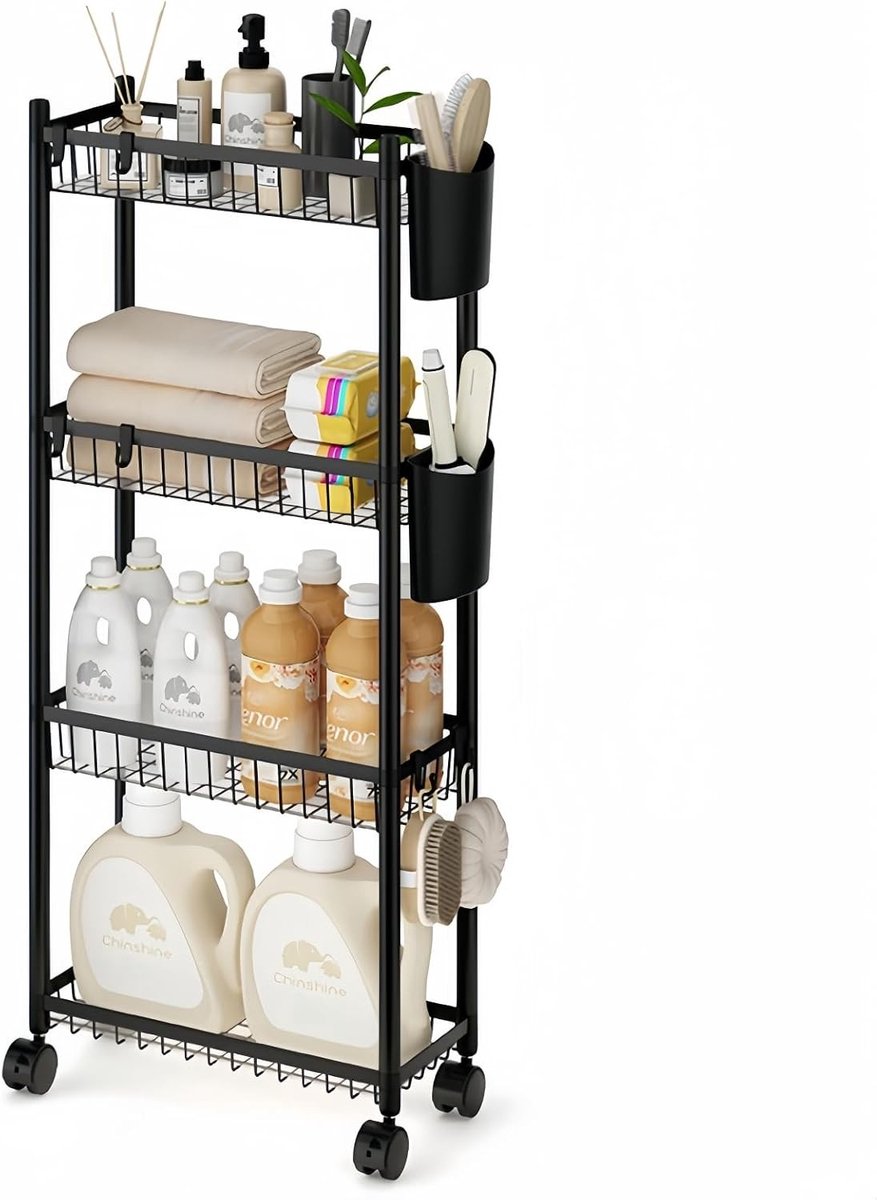 Opbergwagen op Wielen - Zwart - 4 Niveaus - Metalen Rolwagen voor Keuken, Badkamer en Kleine Ruimtes