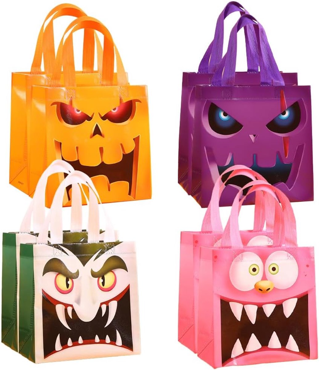 Set van 8 Halloween-trick-or-treat-tassen – Snoepzakjes van vliesmateriaal met hengsels – Kindvriendelijk – Herbruikbaar – Tassen voor Halloween-cadeautjes, snoep en snacks – Ideaal als uitdeelcadeautjes