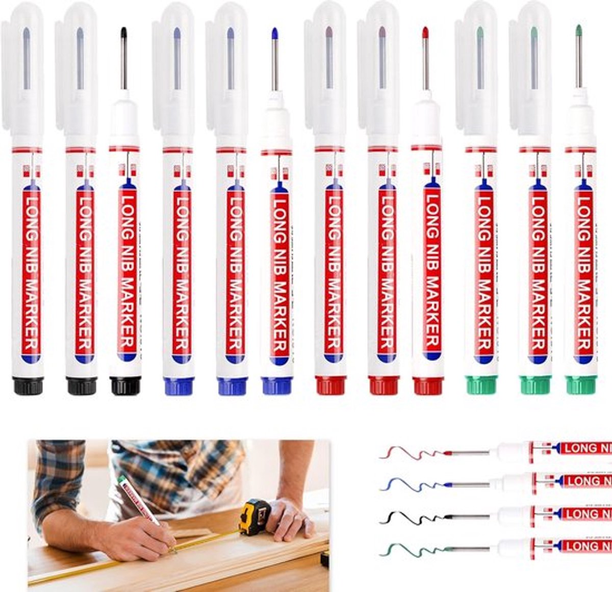 Pakket van 12 Diepe Gatenmarkers - Permanente Markering voor Constructies - Fijn Punt, 20 mm Boorgatmarker - Onuitwisbare Marker voor Moeilijk Bereikbare Merken (Zwart - Blauw - Rood - Groen)