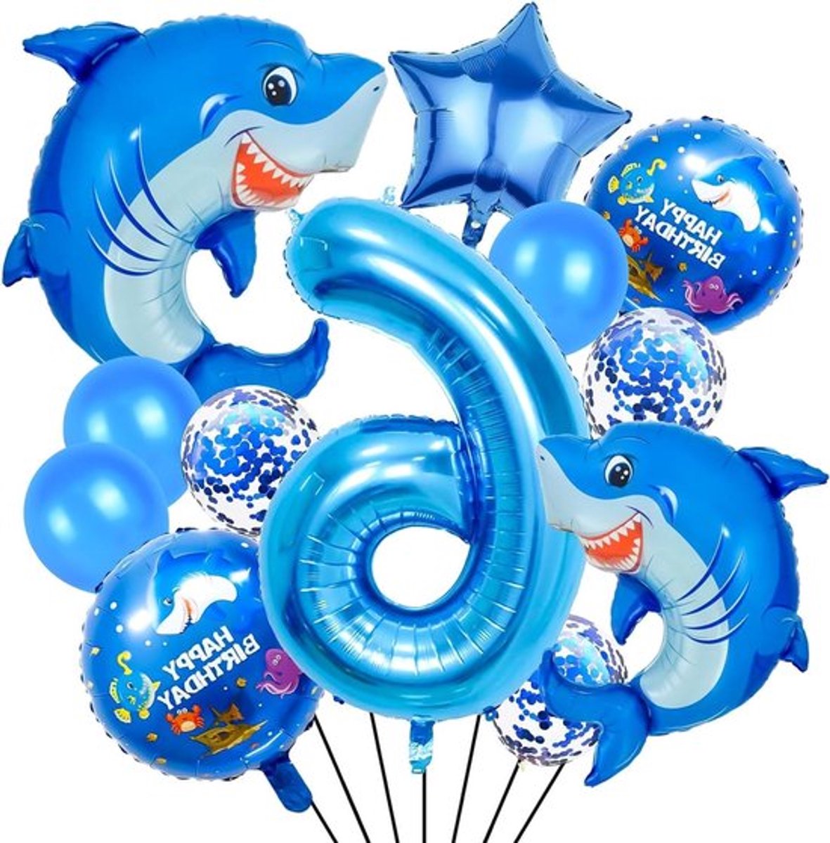 Feestballonnen haai 12 stuks - Decoratie met haaienballonnen, folieballonnen, cijfer folieballonnen, latexballonnen en sterballonnen voor kinderverjaardagsfeest themafeestdecoratie