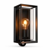 Zwarte buitenlamp met glazen cilinder en zichtbare E27 lamp, op witte achtergrond.