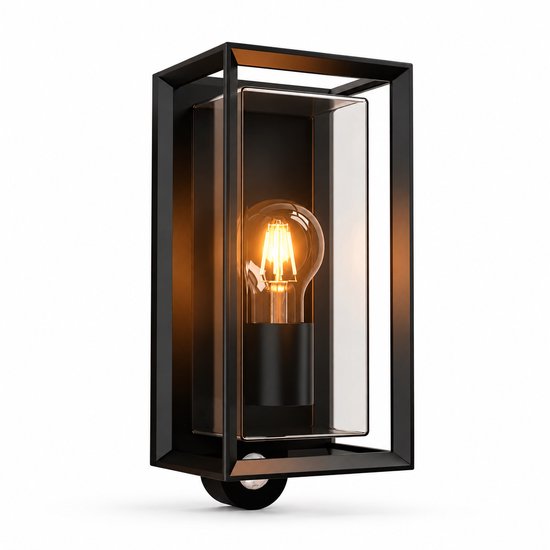 Zwarte buitenlamp met glazen cilinder en zichtbare E27 lamp, op witte achtergrond.