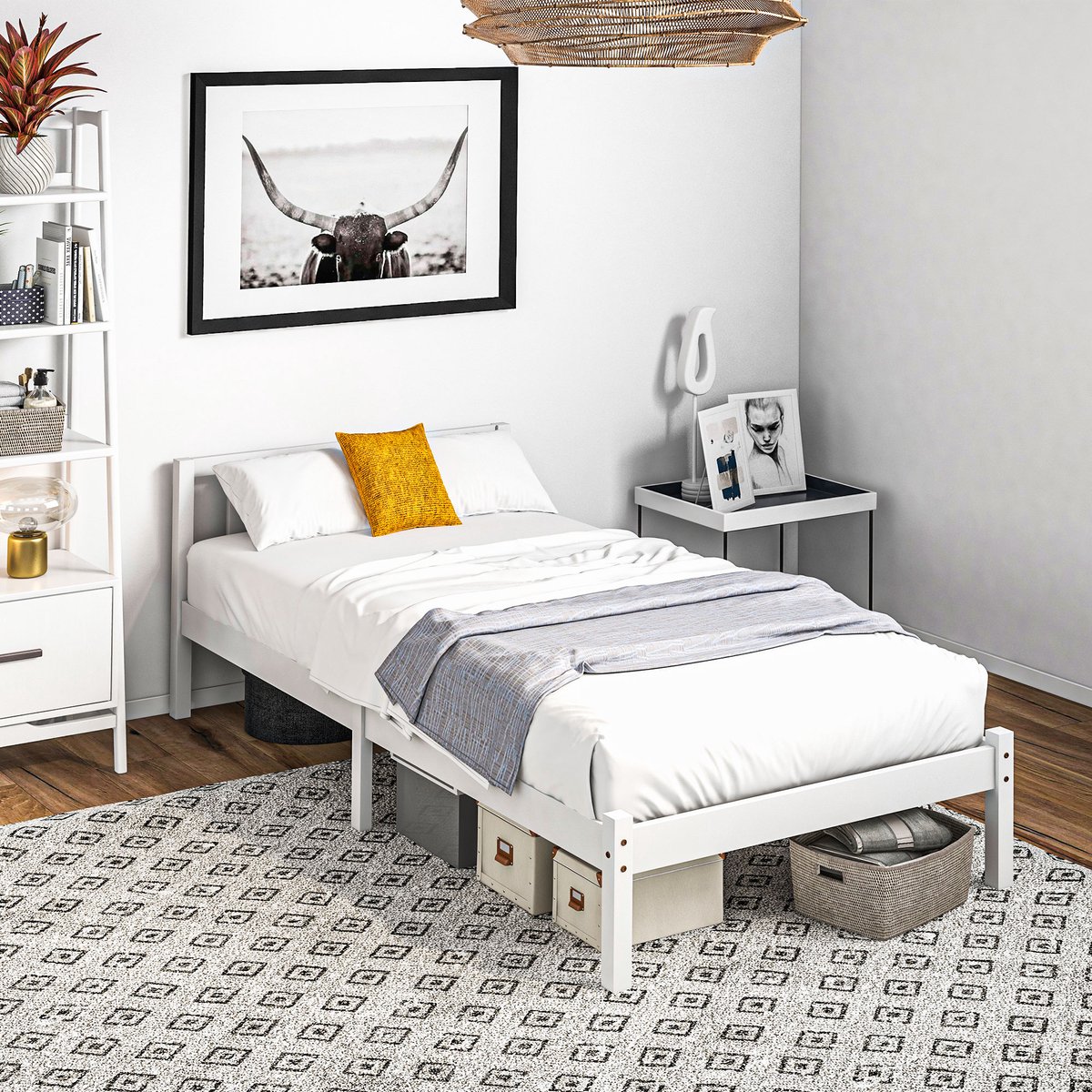 COVREO Bed 208x96 cm wit hout, met lattenbodem en hoofdbord voor slaapkamer