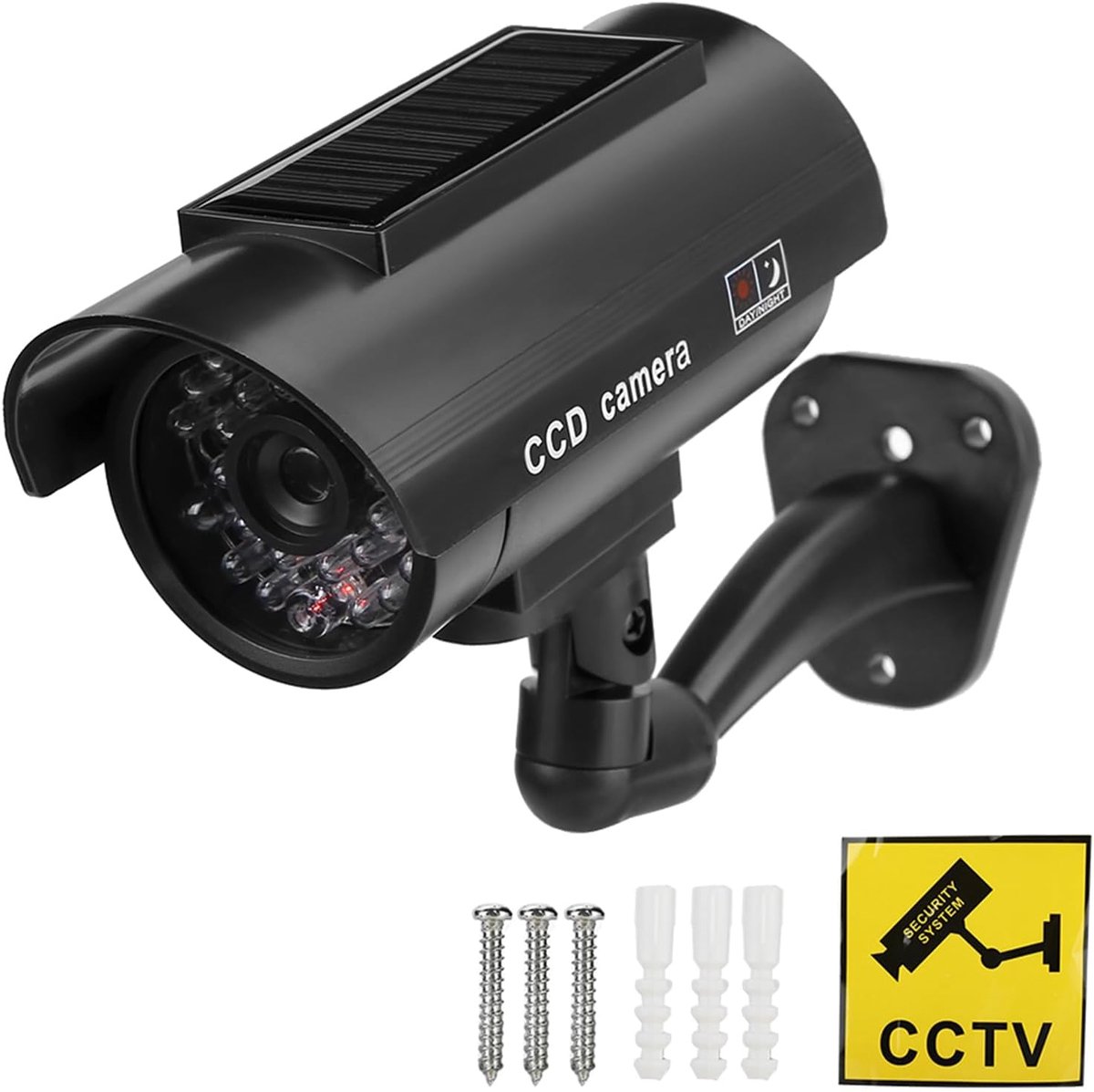Simulatiecamera op zonne-energie - Schrikt criminelen af ​​- Simulatiecamera - Met knipperende LED-indicator - Beveiliging - Waterdicht - 360° draaibaar - Werkt op zonne-energie - Inclusief sticker en montageschroeven - 135*60*120 cm - Zwart