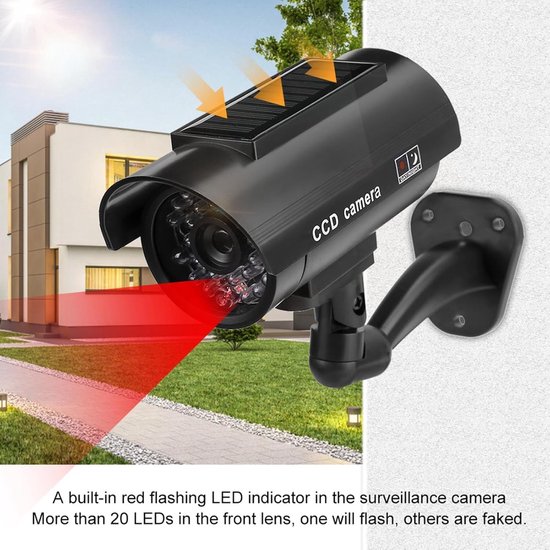 Simulatiecamera op zonne-energie - Schrikt criminelen af ​​- Simulatiecamera - Met knipperende LED-indicator - Beveiliging - Waterdicht - 360° draaibaar - Werkt op zonne-energie - Inclusief sticker en montageschroeven - 135*60*120 cm - Zwart — afbeelding 2